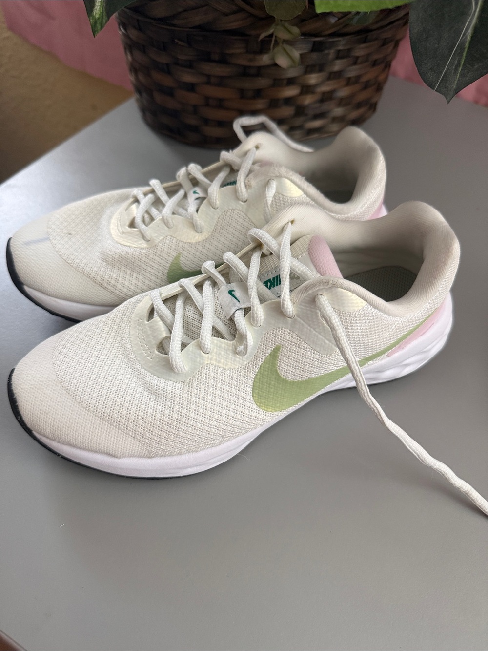 Nike Kids White Sneakers with Green Swoosh and Pink Trim